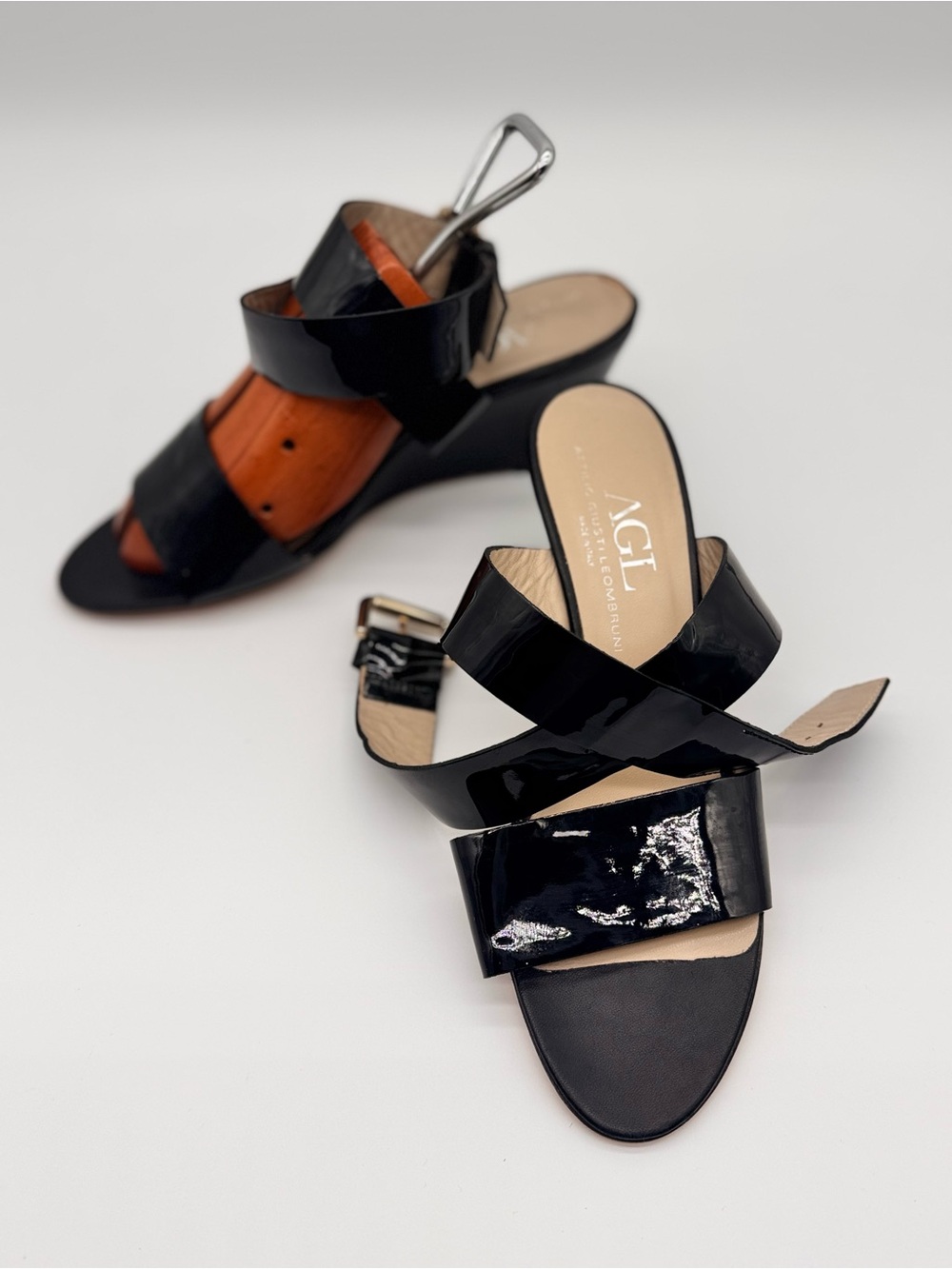 AGL Black Patent Leather Crisscross Slip-On Mules